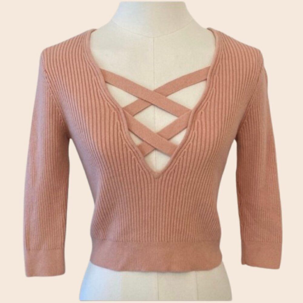 Ale by Alessandra Pink Knit Balletcore 1/2 Sleeve Ribbed Sweater Top Size Small